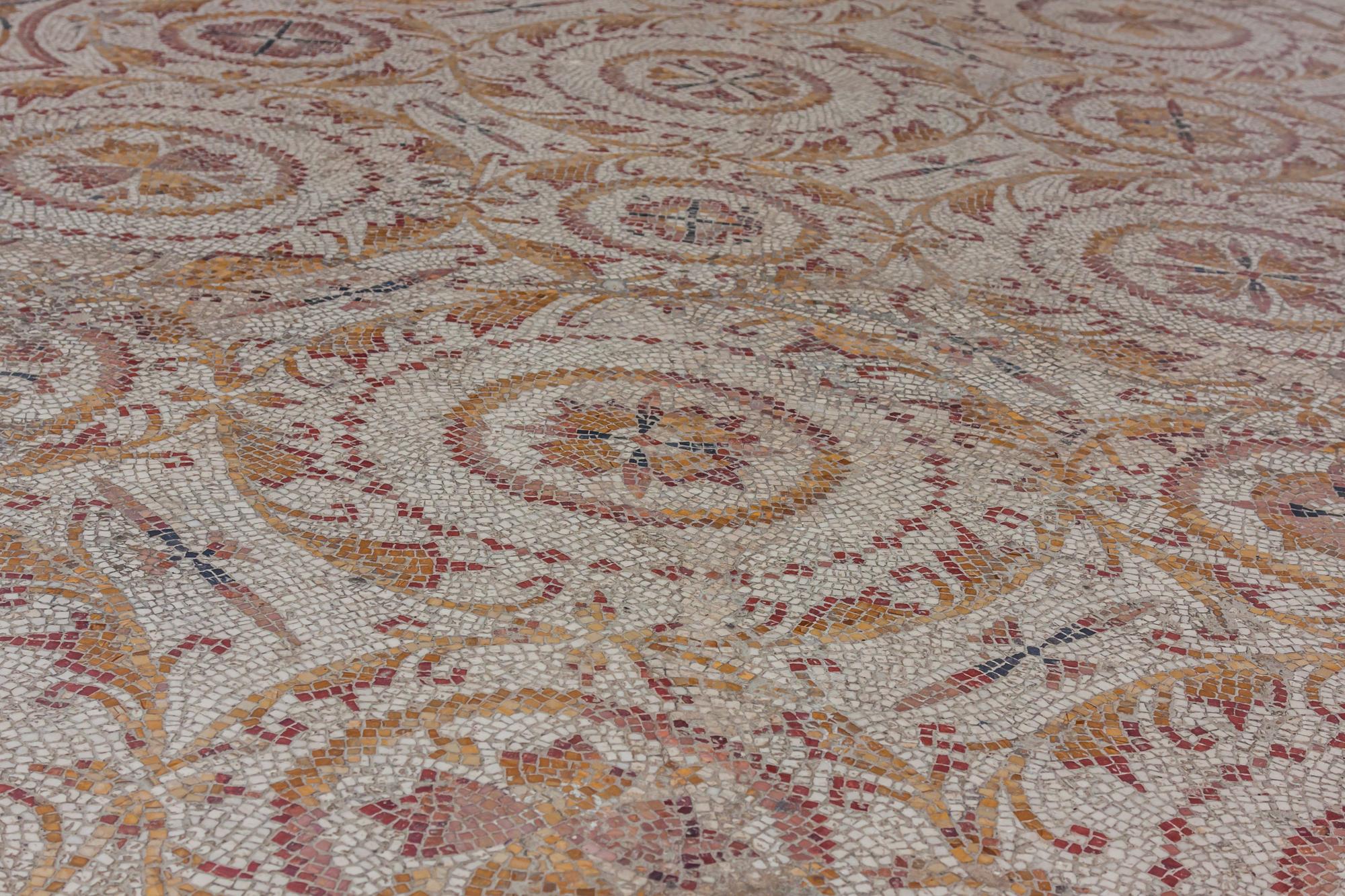 Intricate ancient mosaic floor with circular and floral patterns in red, orange, and white tesserae.