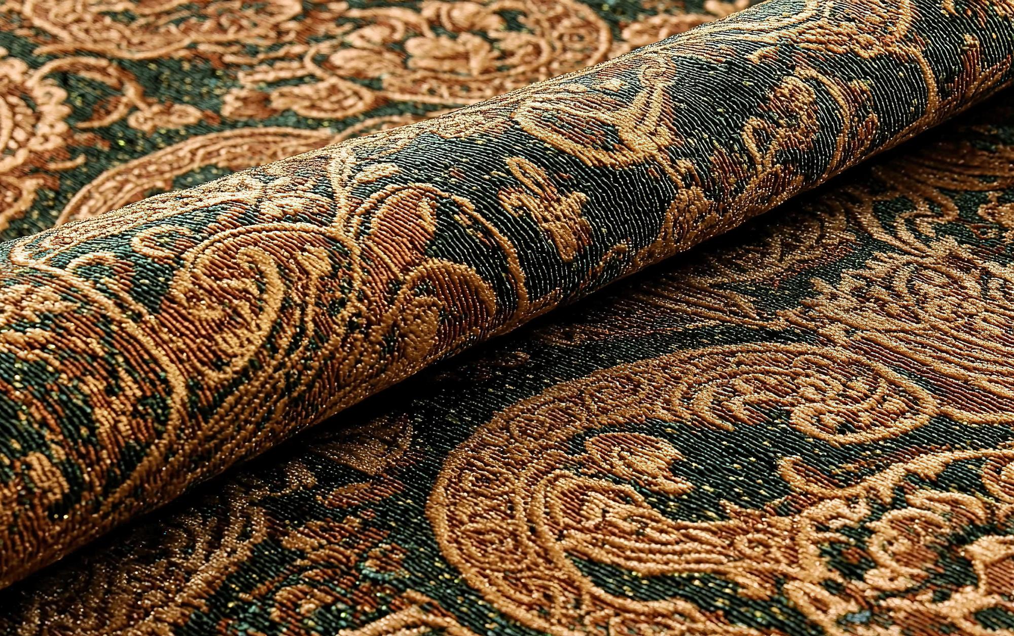 Close-up of a rolled luxurious brocade fabric with an intricate gold and bronze damask pattern on a dark green background.