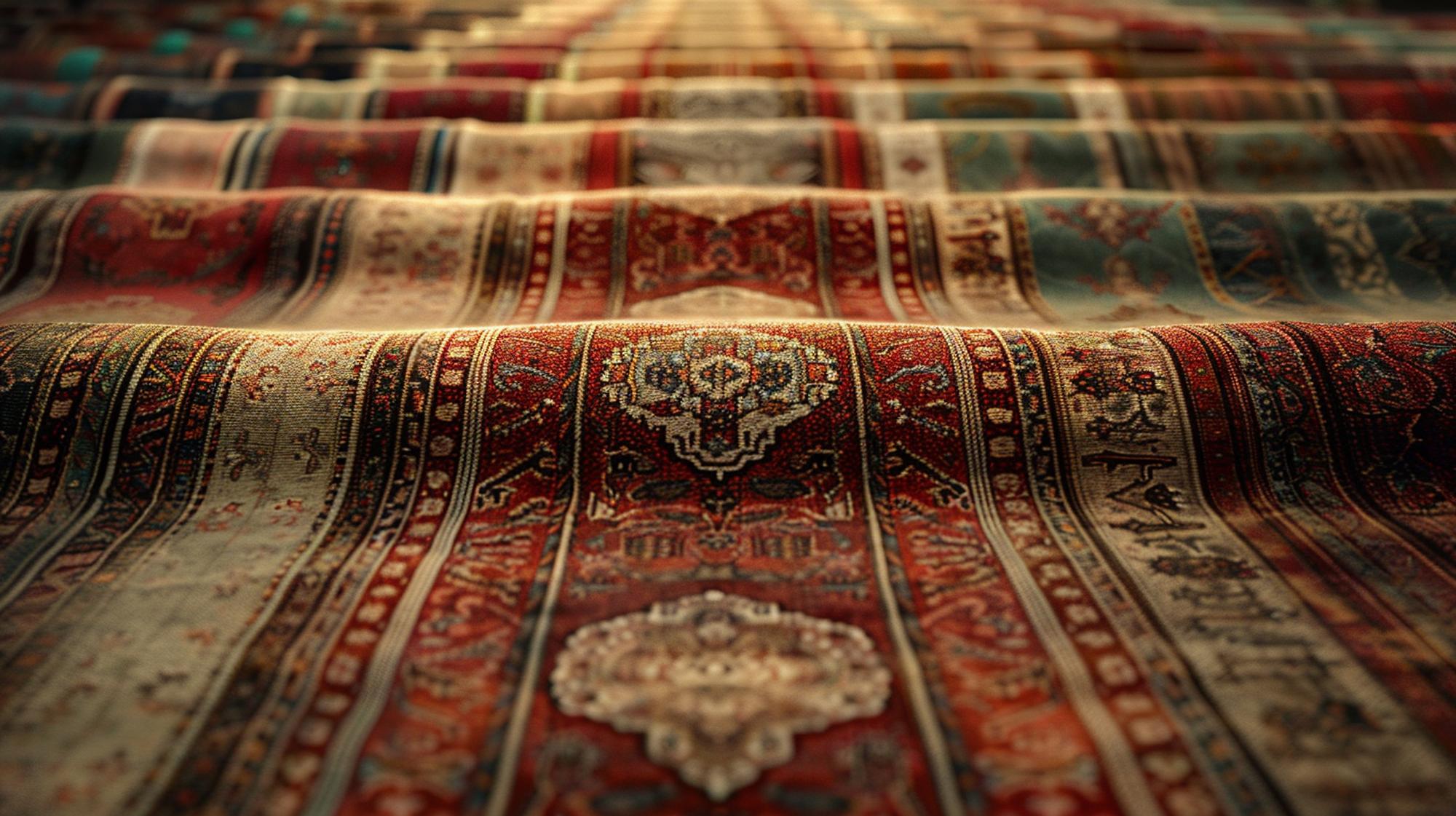 Close-up of multiple ornate Persian rugs with intricate patterns and rich colors, laid out in wavy folds, showcasing texture.
