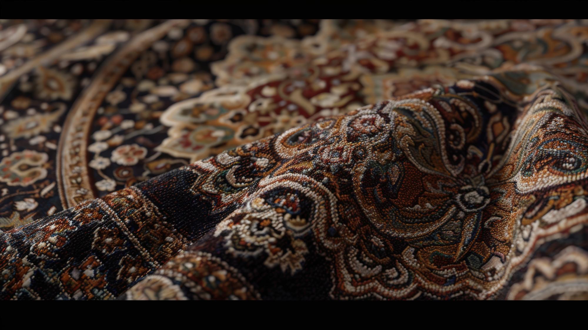 Close-up of a rich, dark woven fabric with intricate multi-colored paisley and floral patterns, showcasing its detailed texture.